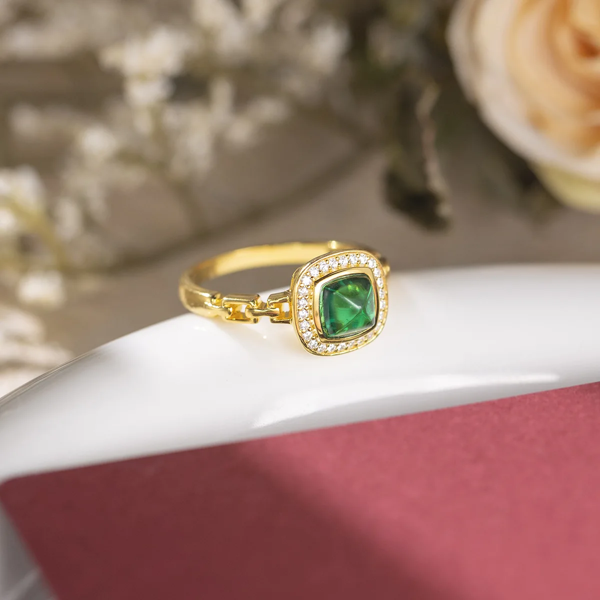 HanYu Vintage Sugar Tower 6*6mm Lab Grown Emerald S925 Silver 18K Yellow Gold Plated Woman's Ring