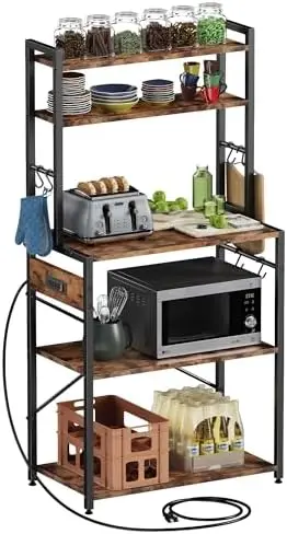 

6-Tier Kitchen Baker\u2019s Rack with Power Outlet Utility Rack with 14 Hooks, Industrial Floor Standing Spice Rack Organizer