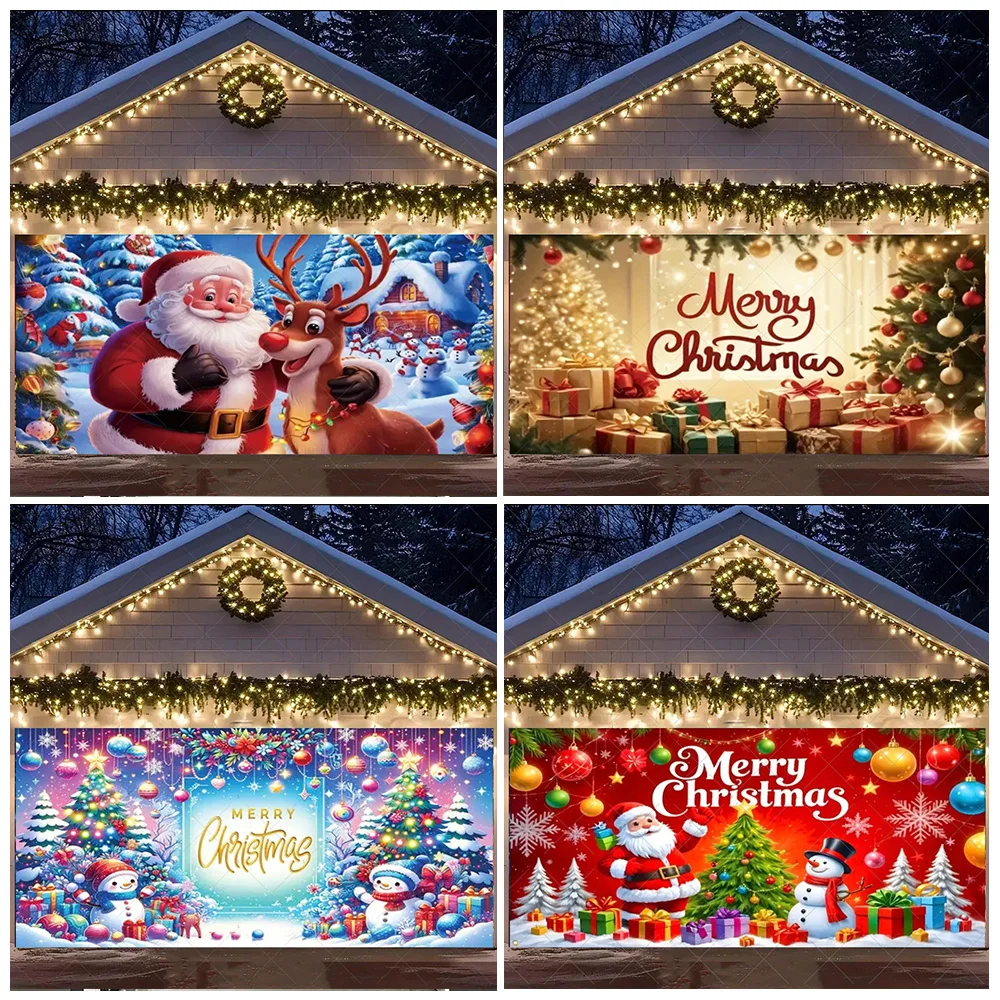 

Winter Christmas Theme Garage Door Background Xmas Tree Santa Claus Backdrop Xmas Party Outdoor Wall Decoration hotography Prop