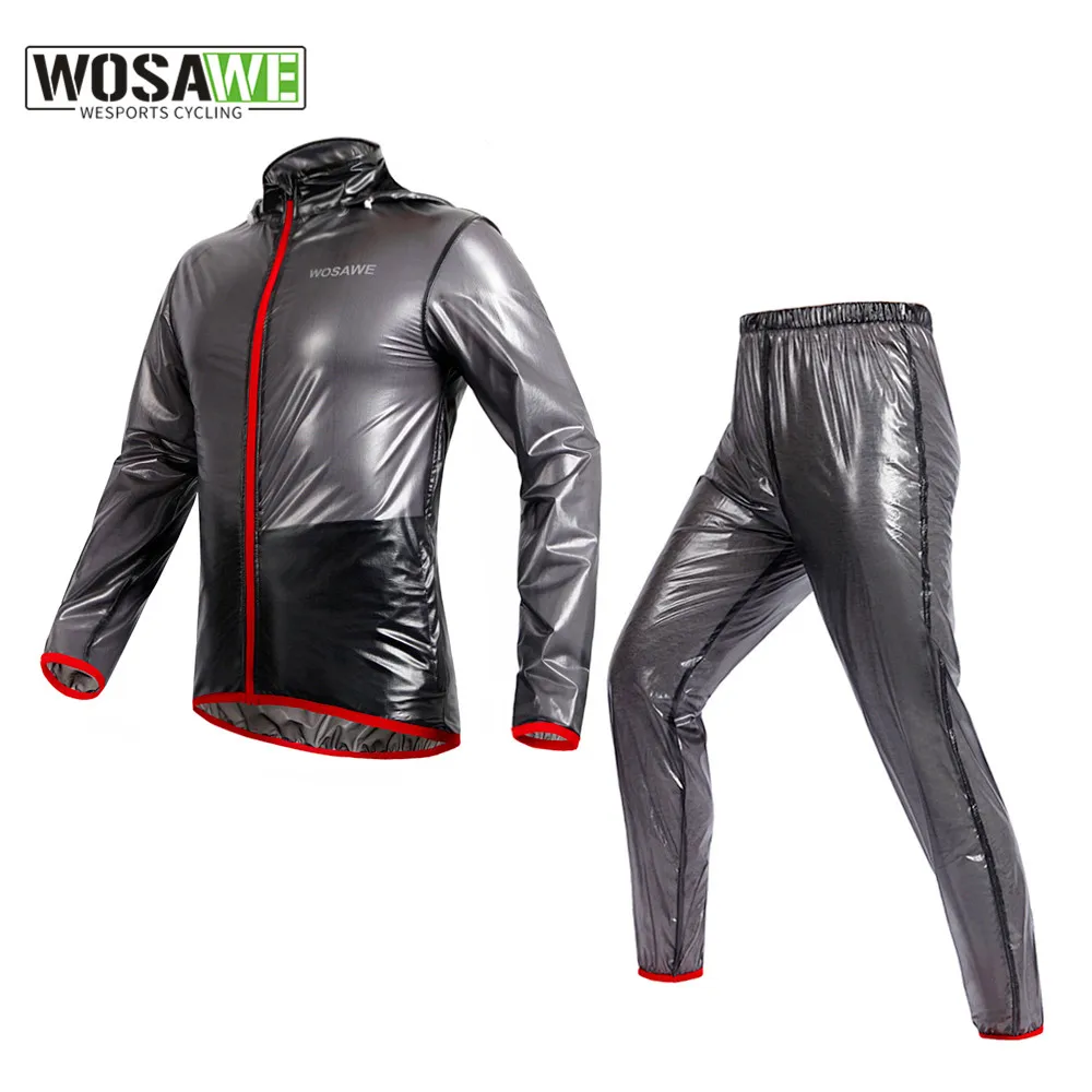 

WOSAWE Waterproof Men's Cycling Rain Jacket Pants Set Ultralight Bicycle Clothing Suit Transparent Hooded Bike Raincoat Kit