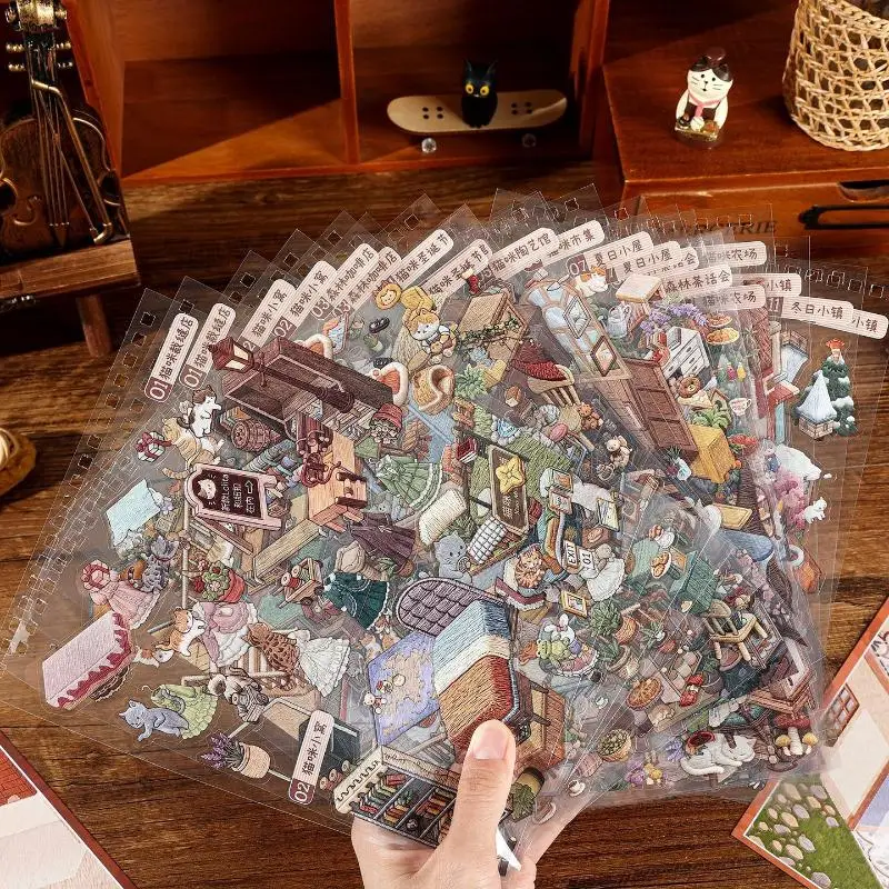3D Scene Sticker Collection Book 44 Sheets 12 Embroidery‑Style Themes Layering Diorama Stickers DIY Scrapbooking