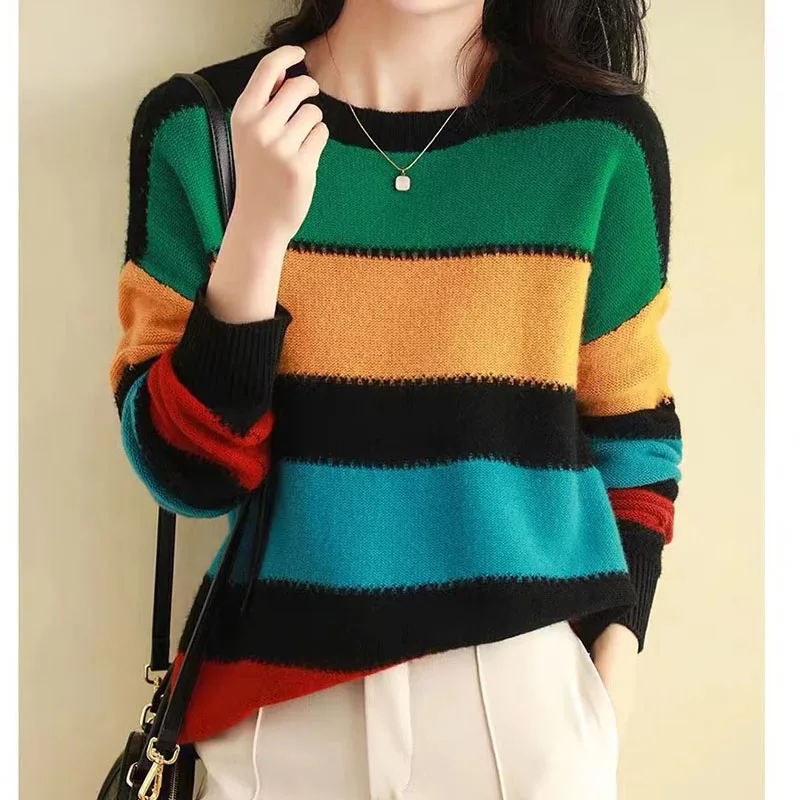 Autumn Winter Contrast Striped O-neck Sweaters Women Vintage Loose Comfortable Soft Wool Knitted Jumper Fashion Warm Pullovers