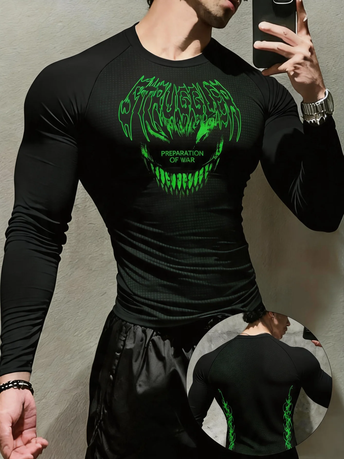 Men's Raglan Long Sleeve Compression Shirt Black Green Venom Print 4-Way Stretch Breathable Gym Training Top