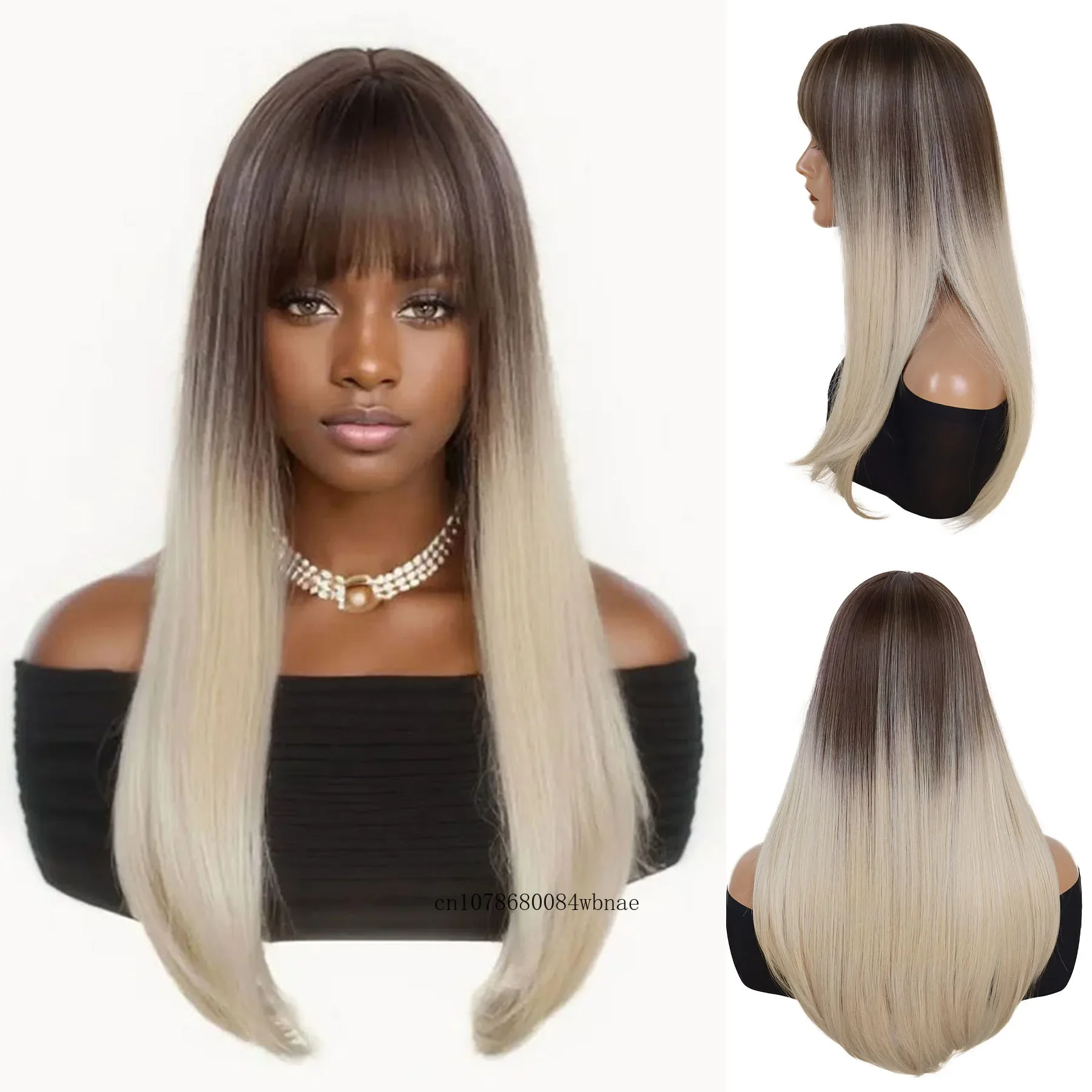 Synthetic 28 Inch Long Straight Wig with Bangs for Women Brown Ombre Blonde Drag Queen Wigs Daily Cosplay Party Natural Looking