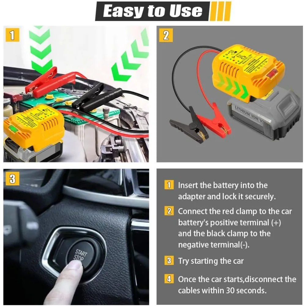 محول بادئ تشغيل السيارة لحزمة بطاريات ليثيوم أيون ديوالت 20 فولت 60 فولت مع كابلات توصيل مع مشابك 12 فولت، شاحن بطارية السيارة المحمول Jum