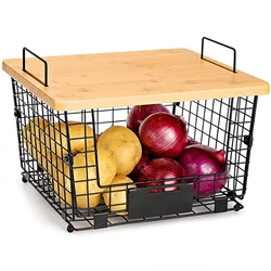 Stackable Wire Basket Pantry Storage Shelf with Bamboo Top Kitchen Counter Fruit Basket for Produce Vegetable Bread Potato Onion