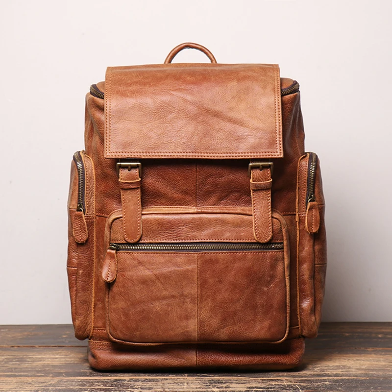Plecak męski ze skóry bydlęcej Vintage brązowy skórzany plecak na co dzień 15.6 ''torba na laptopa plecak podróżny o dużej pojemności na zewnątrz