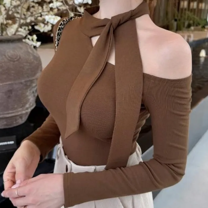 Sexy Asymmetrical Single Shoulder Long Sleeve T-Shirt Women's Autumn Winter New Design Tight Fit Casual High Waist Top