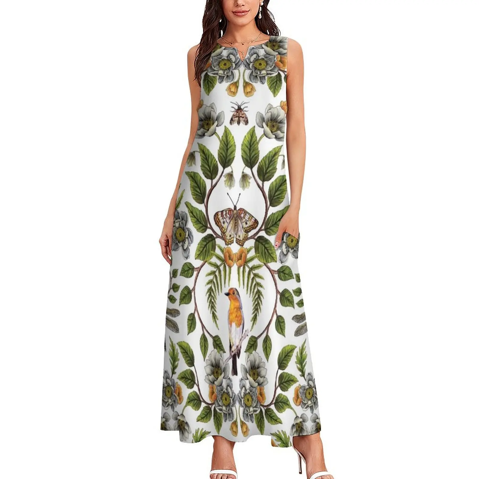 Spring Reflection - Floral/Botanical Pattern w/ Birds, Moths, Dragonflies & Flowers Long Dress Dress woman