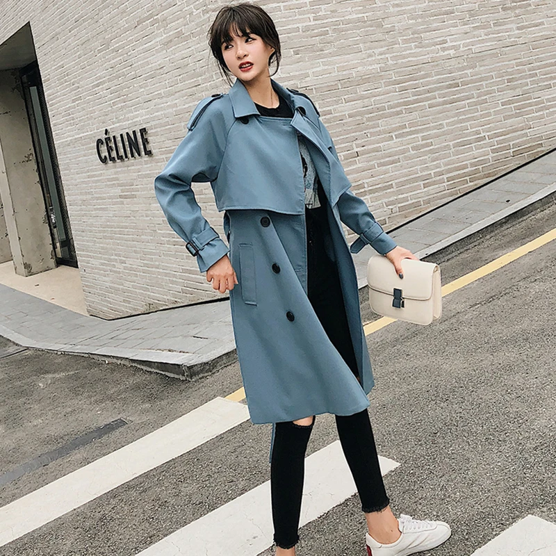 Fitaylor Spring Autumn Double Breasted Mid-long Trench Coat Women Casual Streetwear Slim Belt Cloak Vintage Windbreaker Outwear