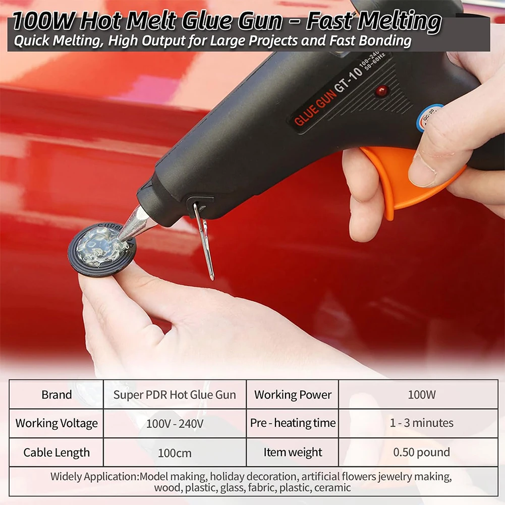 Zestaw do bezlakierowego usuwania wgnieceń karoserii samochodowej z mostkiem do podnoszenia wgnieceń, gumowym młotkiem i T-barą do naprawy wgnieceń.