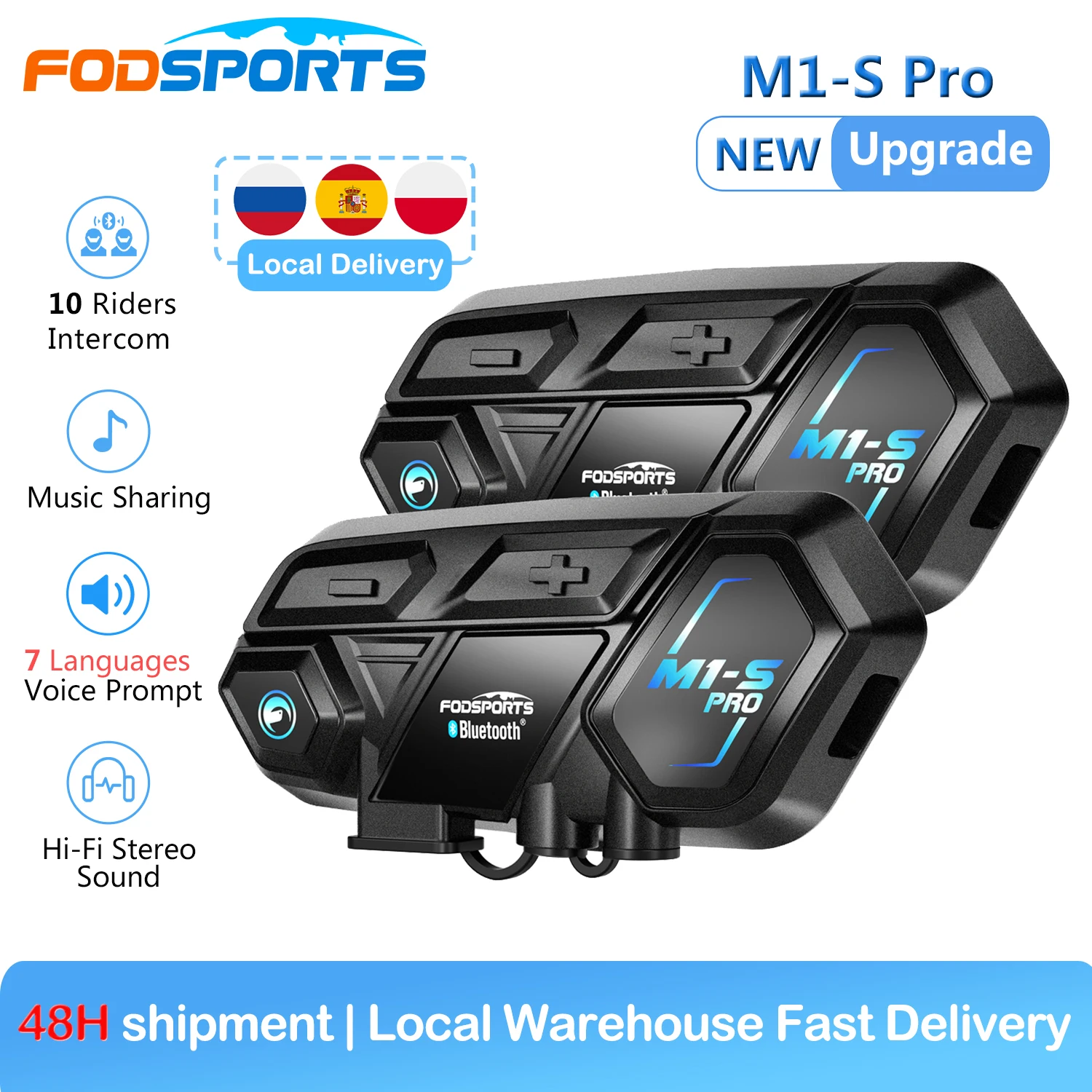 Fodsports M1-S Pro intercom casque moto bluetooth, casque de moto appareil de communication pour casque, pour 6 motocyclistes, Intercom pour groupe, intercom moto 2 casques bluetooth portée 2000m