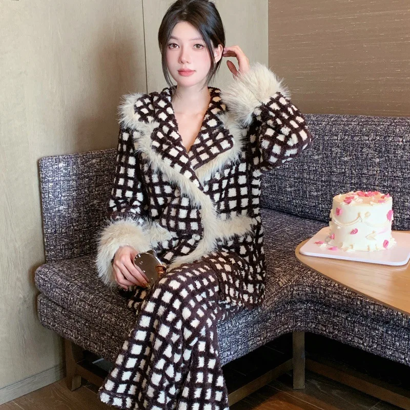 

Autumn Winter Cute Flannel Pajama Set New Coffee Home Elegant Sexy Sleepwear Pijamas Suit Loose Casual Home Clothes Pyjama