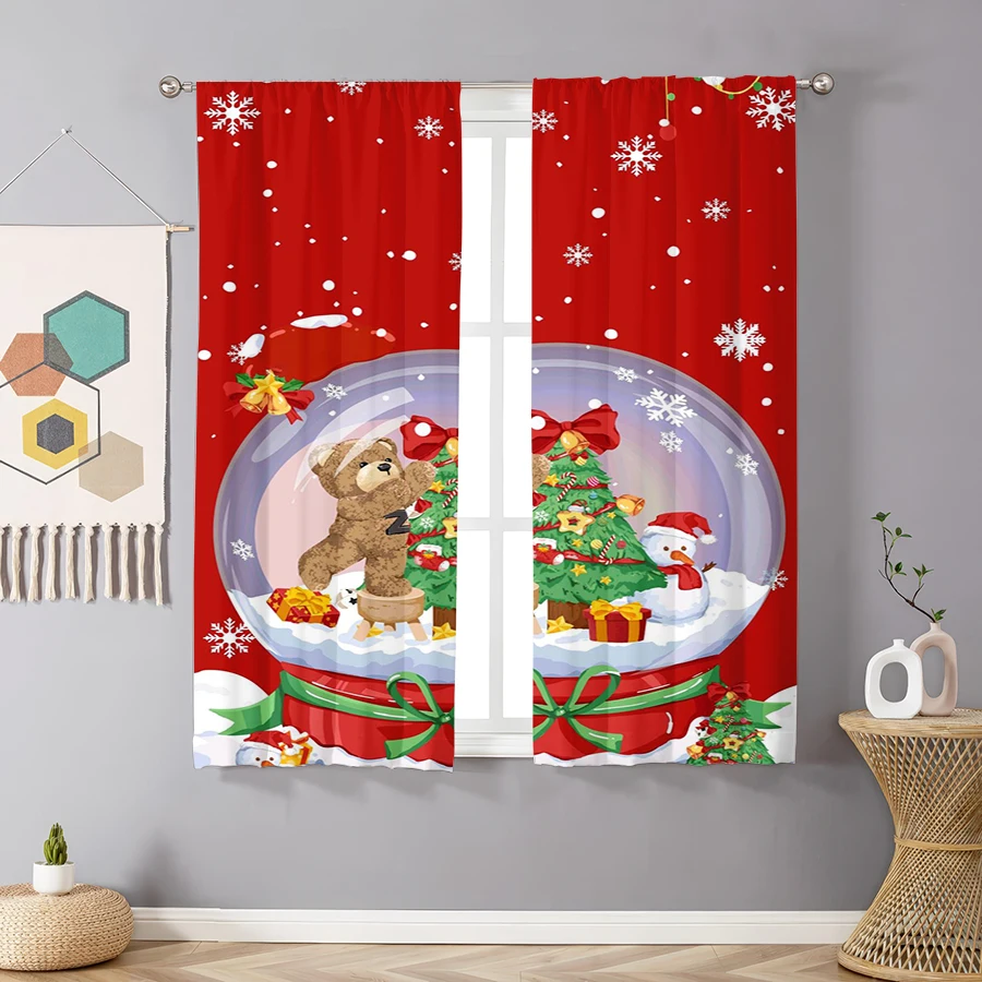 2PCS Christmas Winter Curtains, Snow Globe Teddy Bear Tree, Digital Print, Bedroom Living Room, Rod Pocket Polyester, Home Decor