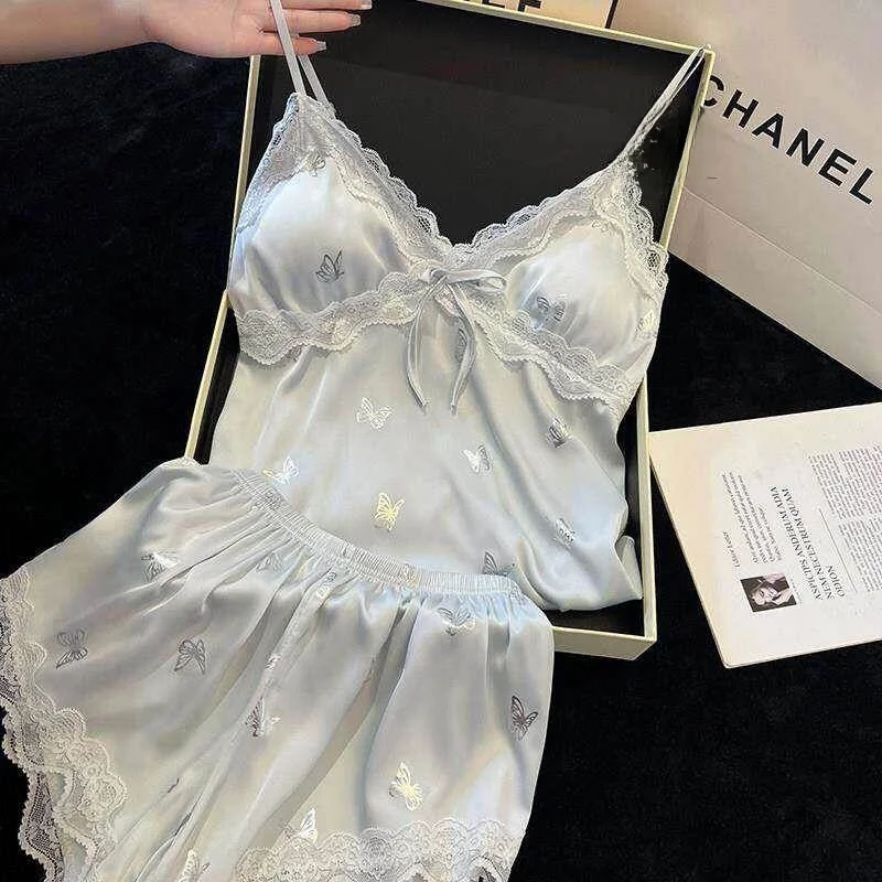 Summer  Ice Silk Strap Sleepwear Women's Sexy Pure Desire Lace Vest Shorts Ladies Home Clothes Two-Piece Set