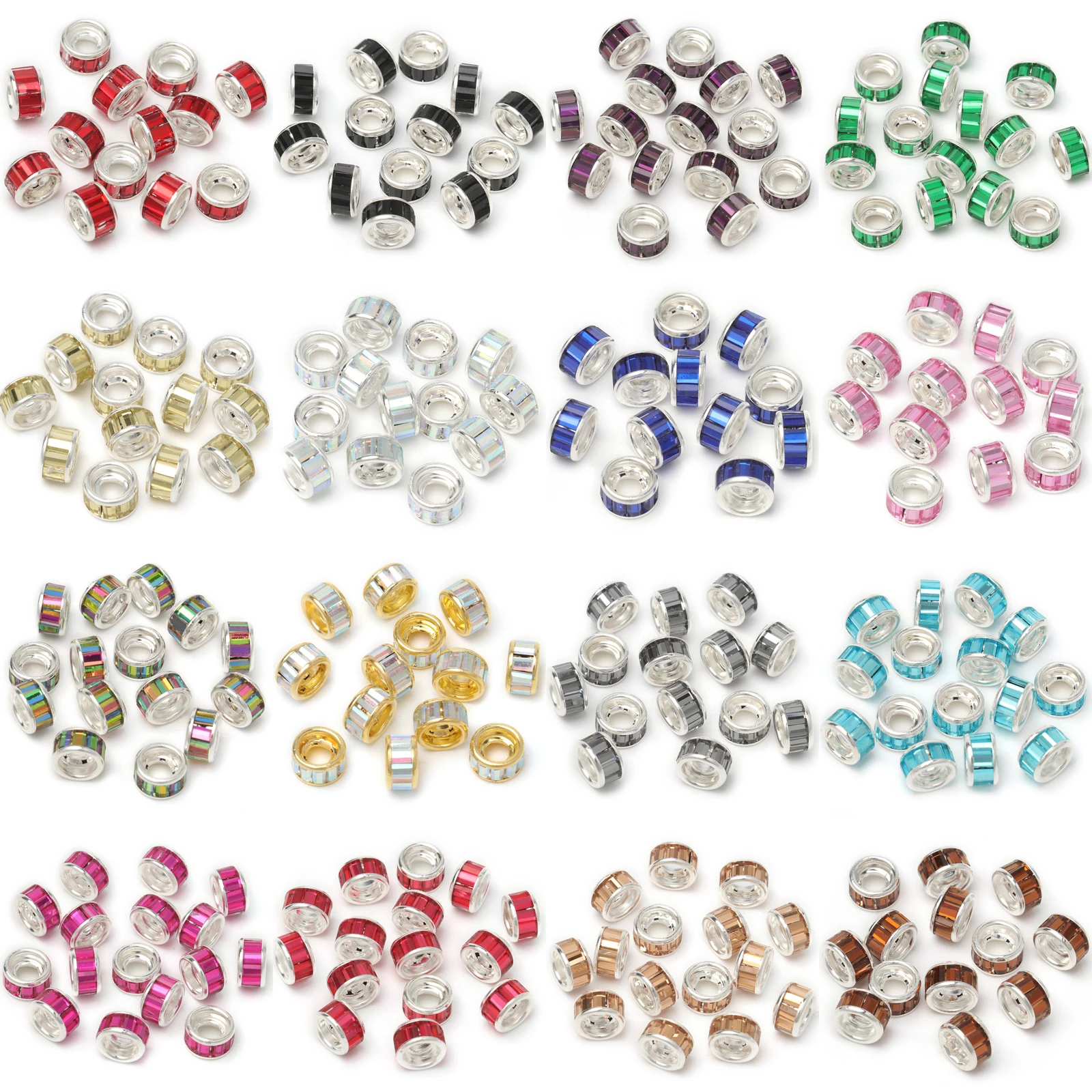 10mm Rhinestone Rondelle Beads Colorful Crystal Metal Spacer Beads 4mm Holes for Jewelry Making Diy Bracelets Accessories 10pcs