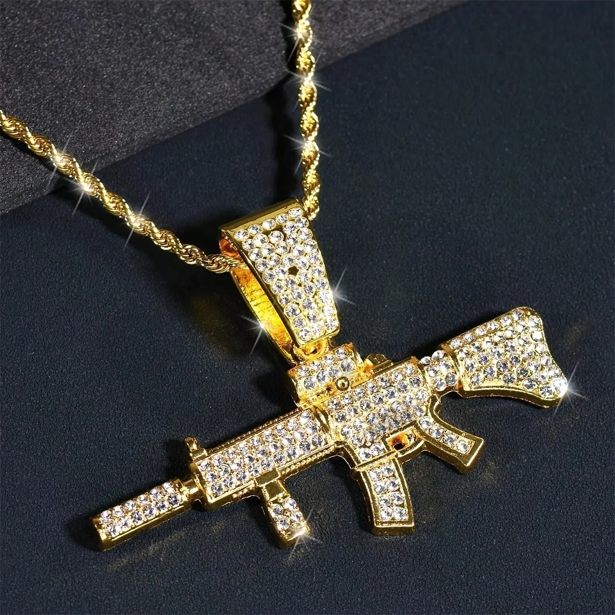 Fashion HipHop Ak47 Submachine Gun Pendant Necklace For Men Crystal Cuban Chain Iced Out Bling Necklace Punk Rock Biker Jewelry view 2