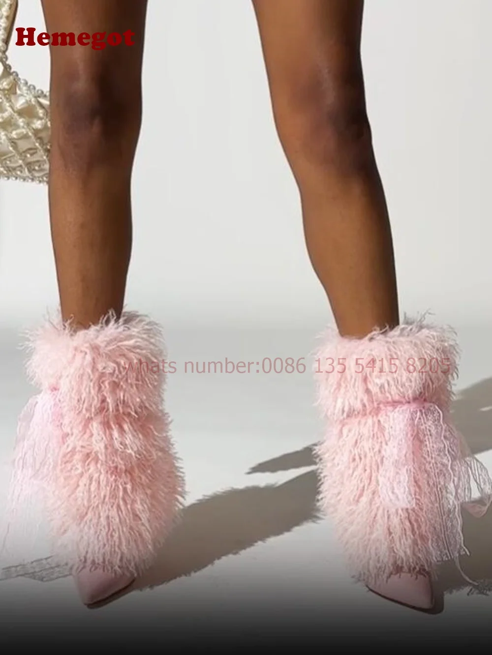 Pink Fur Lace Mid Boots Pointy Toe Stiletto Heels Women's Boots Plush Warm Cute Winter Shoes 2025 New Fluffy Splicing Shoes