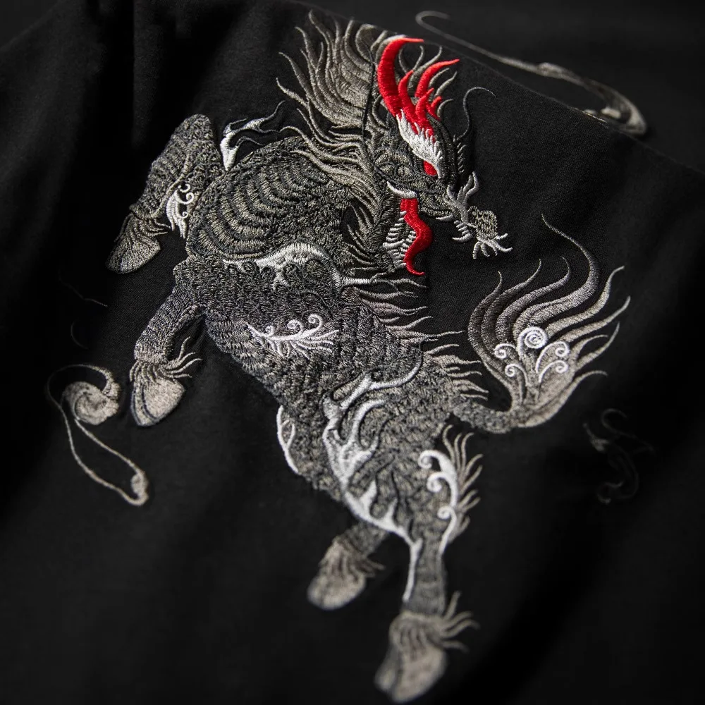 

Men's Chinese Style Qilin Embroidered T-Shirt Cotton Loose Fit Plus Size Short Sleeve Tee Guochao Streetwear New Arrival