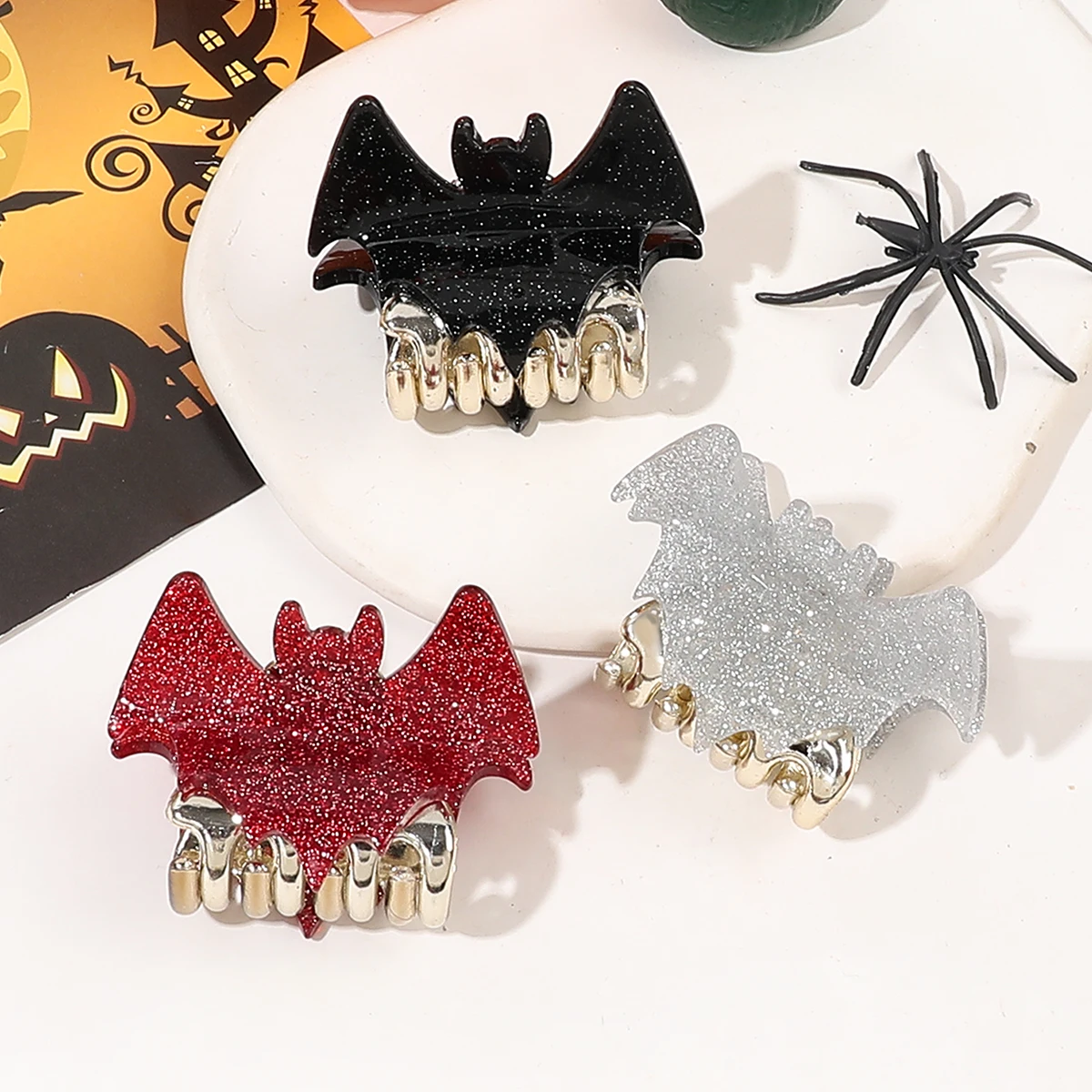 3PCS Black Red White Small Bat Shape Mini Hair Claw Clips Halloween Hairpin Shaped Hair Accessories for Thin Hair Women Girls