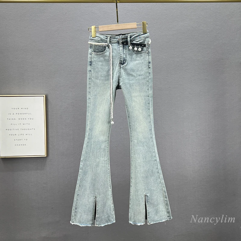 Split-ended Denim Micro-flared Pants Women's Spring Autumn New Elastic High-waisted Slim-fitting Skinny Black Jeans Trousers