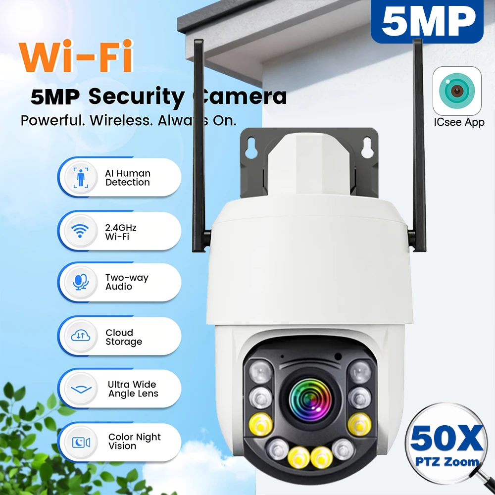Caméra IP XMeye 5MP 2K avec audio bidirectionnel, PTZ, Wifi, extérieure, zoom optique 30X 50X, détection humaine, vision nocturne 150-200M, ICsee