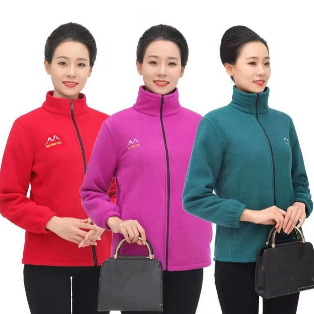 

Solid Loose Fleece Jacket Women Stand Collar Embroidery Plush Hoodies Cardigan Warm Zipper Outerwear Autumn Winter