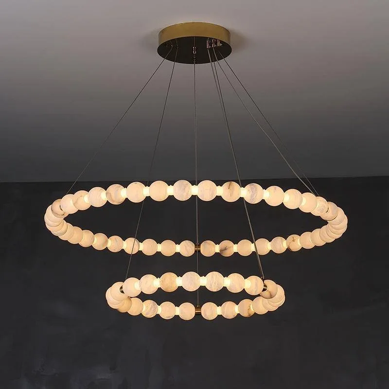 Cross-border Solid-copper Natural Spanish Snowflake Stone Modern LED Gold Marble Chandelier Pendant Lamp Smart Buddhist Rosary