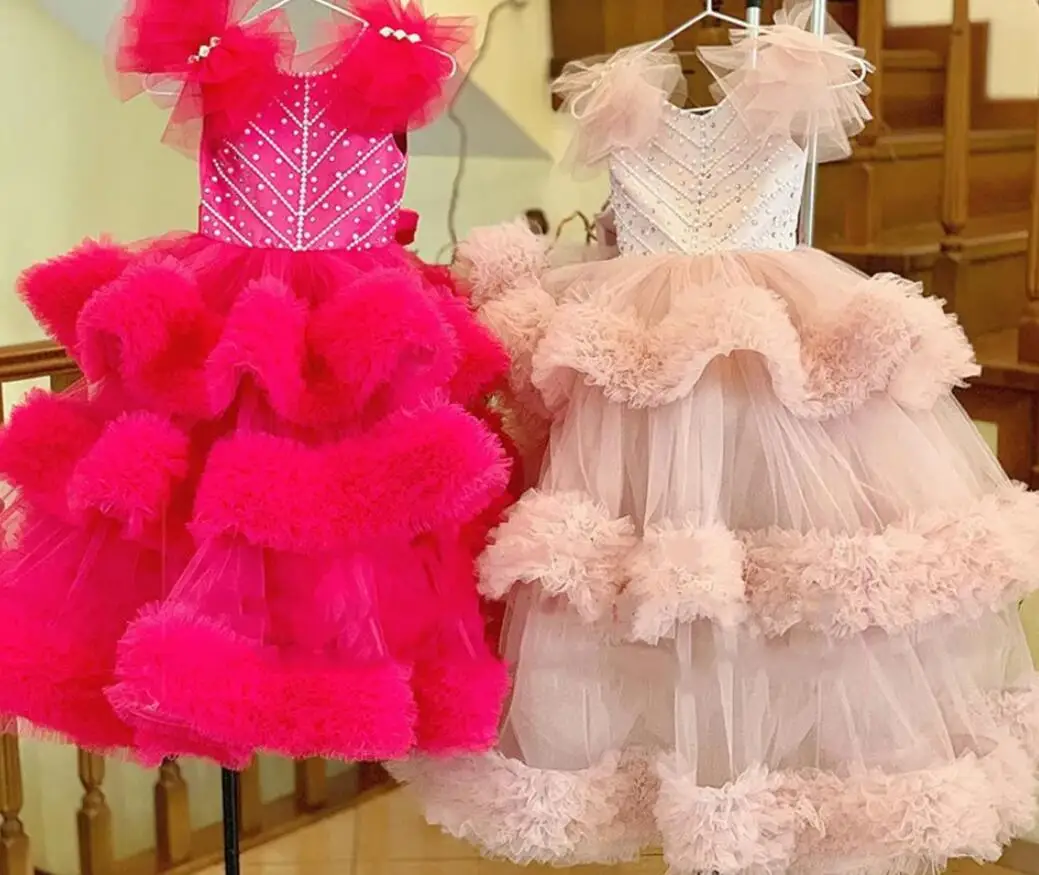 Luxury Flower Girl Dress Puffy Tiered Tulle Cloud Beading Long Pageant Gown Kids Birthday Dress for Princess 1-14Years