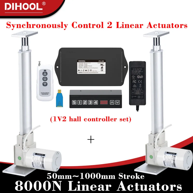 

8000N 2Pieces Linear Actuators with Synchronous Control Hall controller Set(1V2) 24V 50MM~1000MM Stroke 80kg~800kg Load 25MM/S