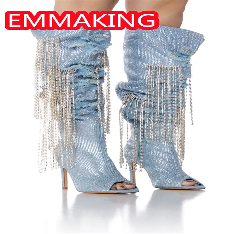 Demin azul peep toe diamantes senhoras inverno botas longas 2024 mulheres borlas de cristal zíper lateral blingbling moda botas sapatos