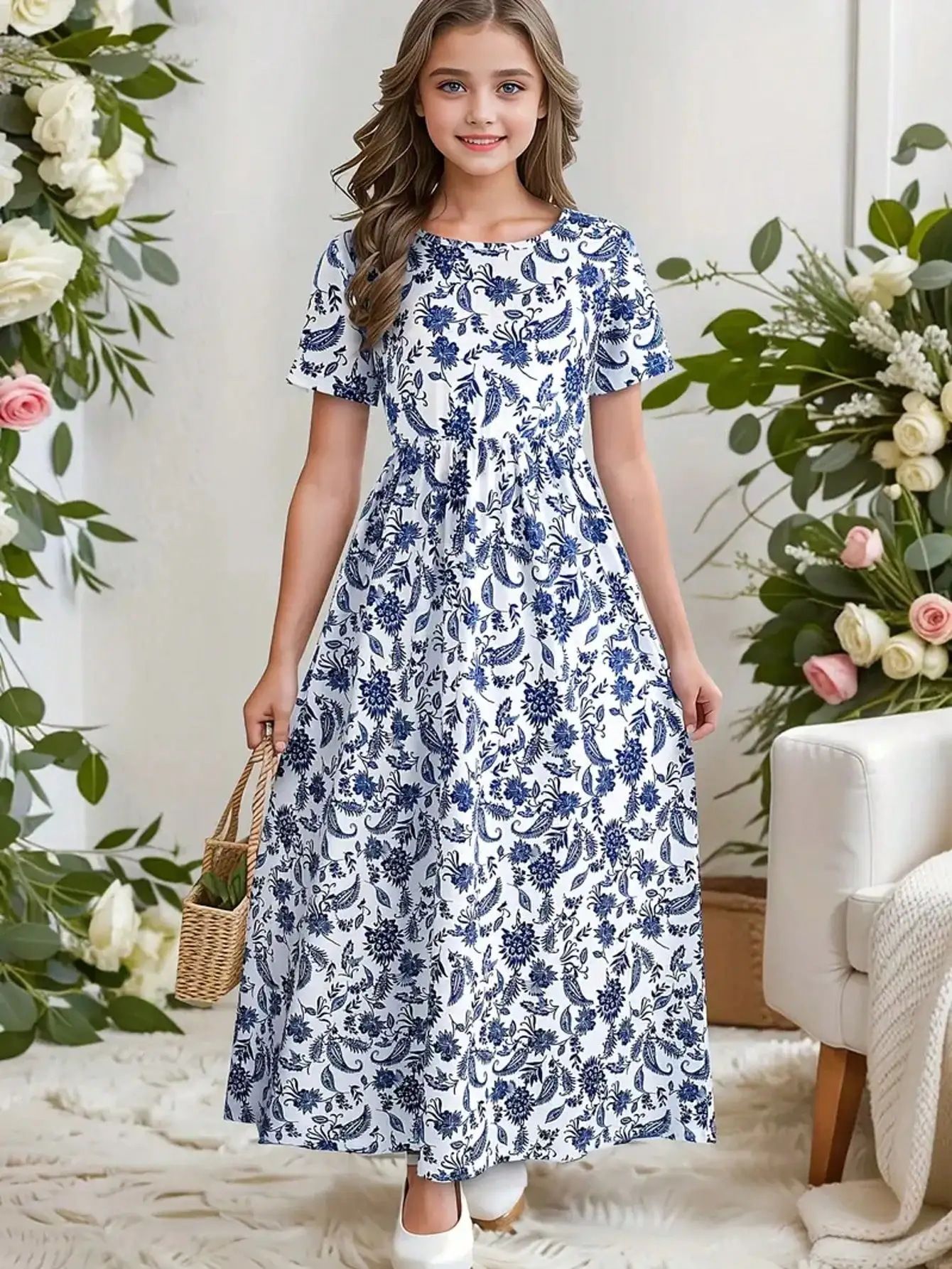 Vestido Casual de Verano para Niñas, Estilo Bohemio, con Estampado Paisley, Manga Corta, Largo Medio, Regalo para Vacaciones 2026