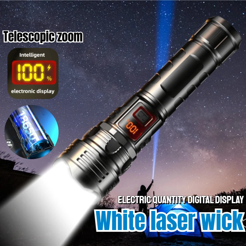 

FLSTAR FIRE White Laser LED Tactical Flashlight Outdoors Camping USB Rechargeable Lantern Digital Display Telescopic Zoom Torch