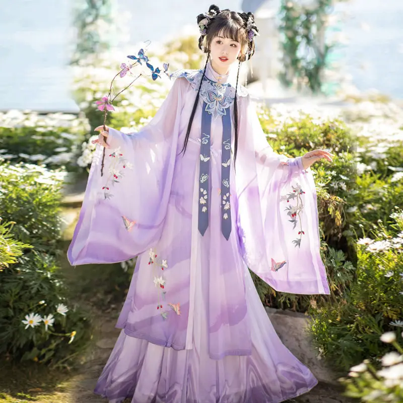 Purple Hanfu Traditional style butterfly female skirt Heavy embroidery high quality Ming pleated skirt cape summer daily clothes