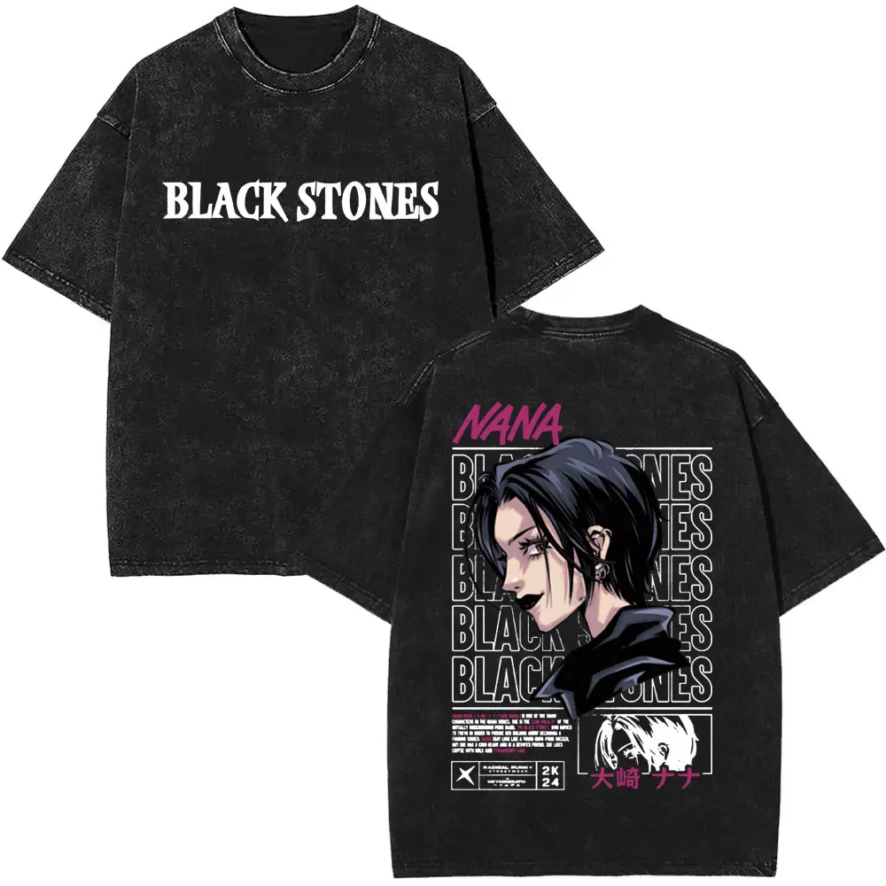 Anime Oosaki Nana Vintage Washed T-shirts Black Stones T-shirt Gothic Rock Streetwear Men Women Manga Fashion Oversized T Shirts