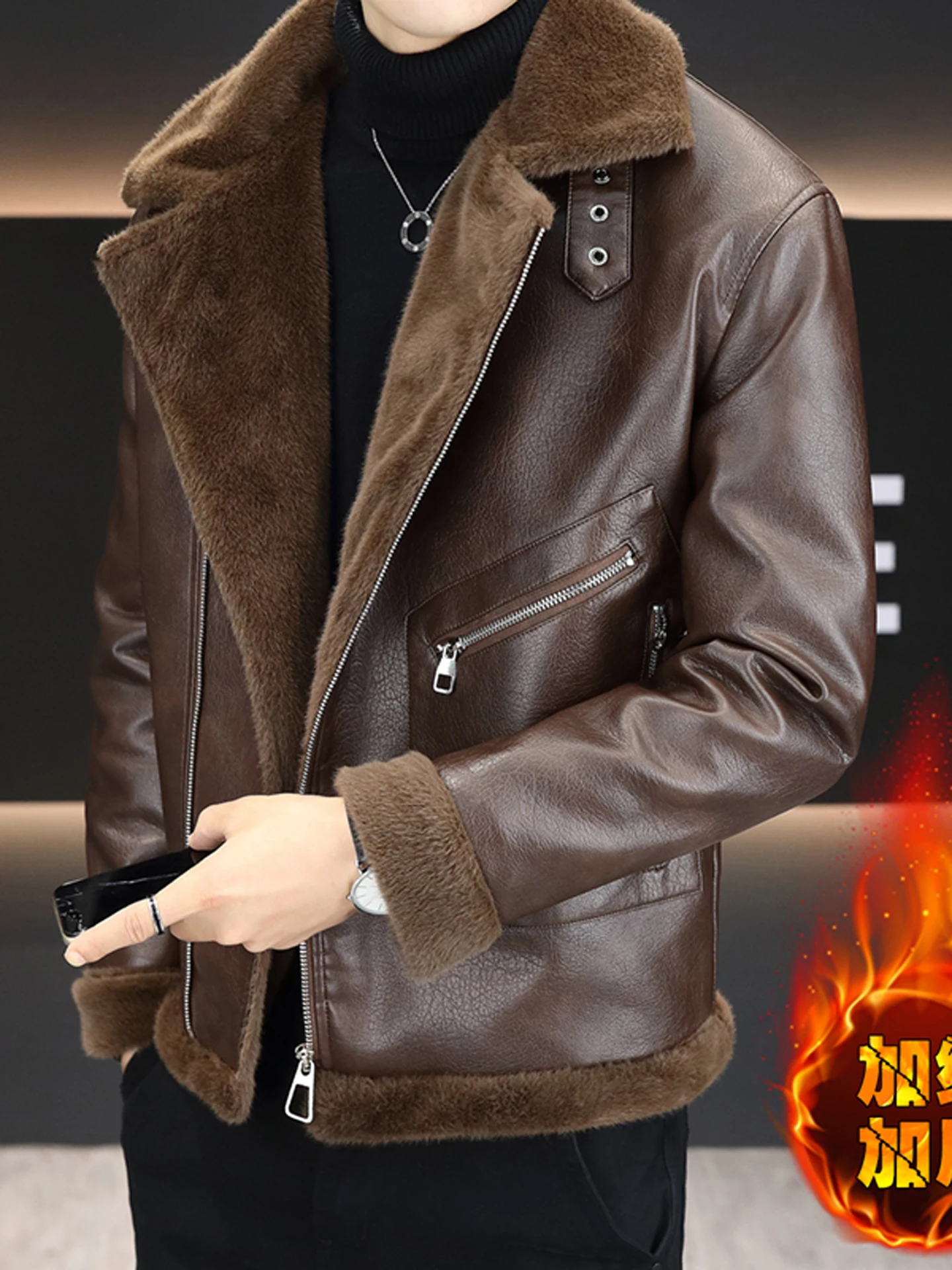 

Men's Faux Leather Jaet Thiened Fce Inner Stand Collar Coat Warm Sli Ci Faion PU Leather Long Sve Zipper Cl...