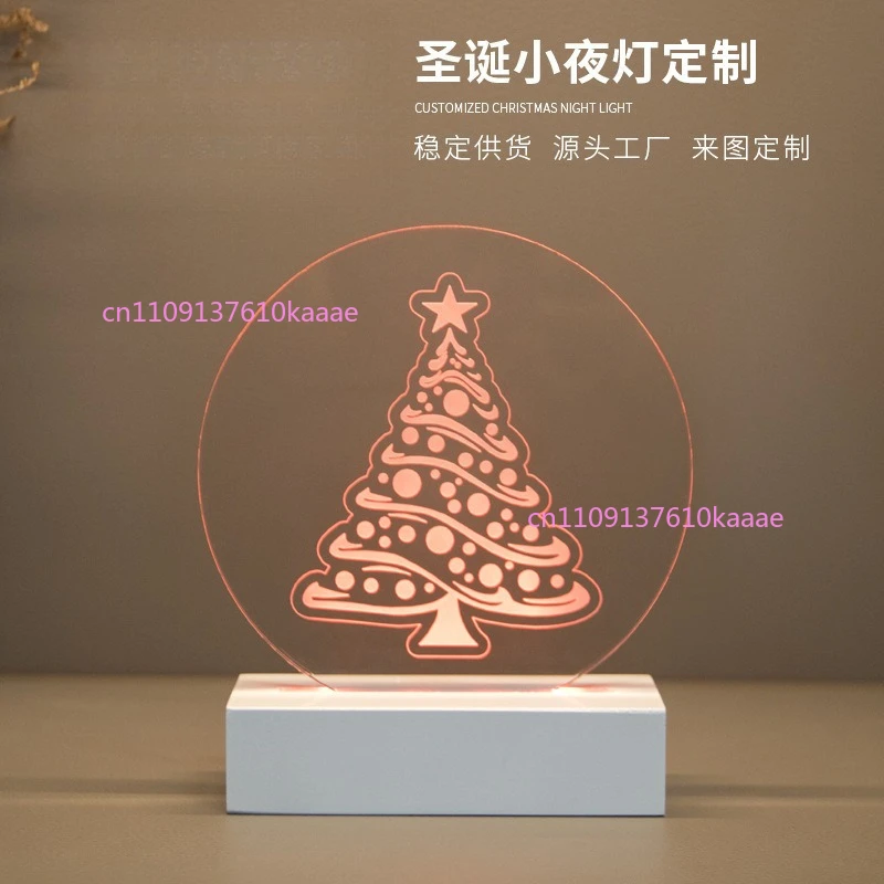 Solid Wood Base Acrylic Christmas Tree LED Lamp, Custom Luminous Holiday Decor Ambient Night Light