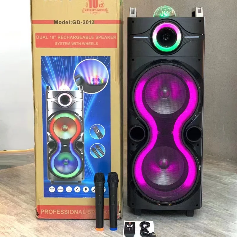 GD-2012 Latest party Speaker Box Double 10 Inch 50w Horn Big TWS Woofer Projection lamp Speaker With Remote Control