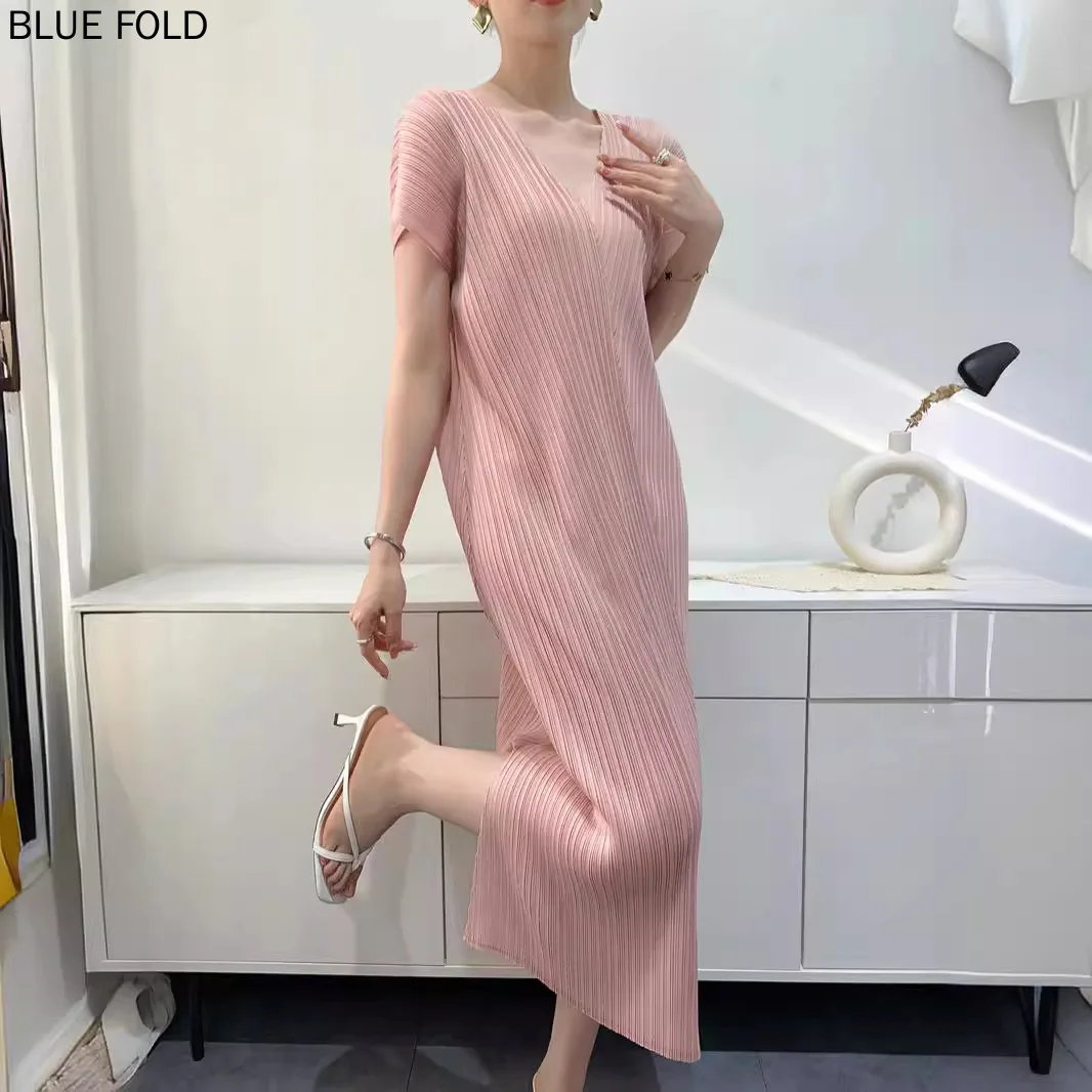 MIYAKE High-end Summer New V-neck Slit Pleats Dress Medium-length Comfortable Casual Pleated Dresshigh Quality Office Dress Robe