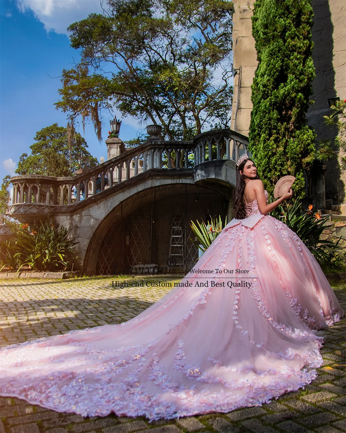 

Ball Gown 3D Floars Quinceanera Dresses Appliques Lace Sweet 16 Prom Gowns Customized Princess Sweep Train Vestidos de XV anos