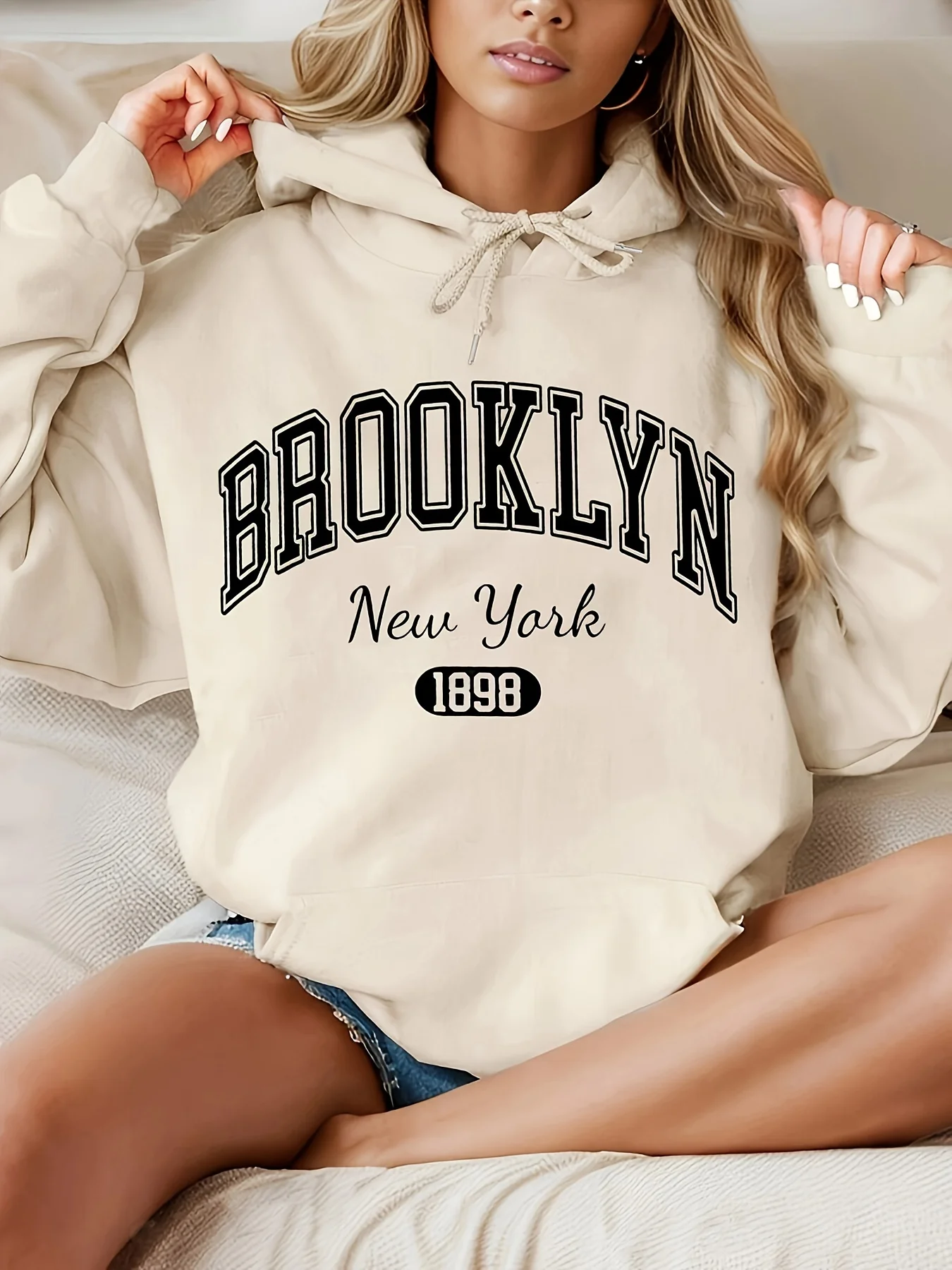 Brooklyn New York 1898 Hoodie Sweatshirt - Casual Polyester Hooded Pullover with Drawstring Alphabet Pattern