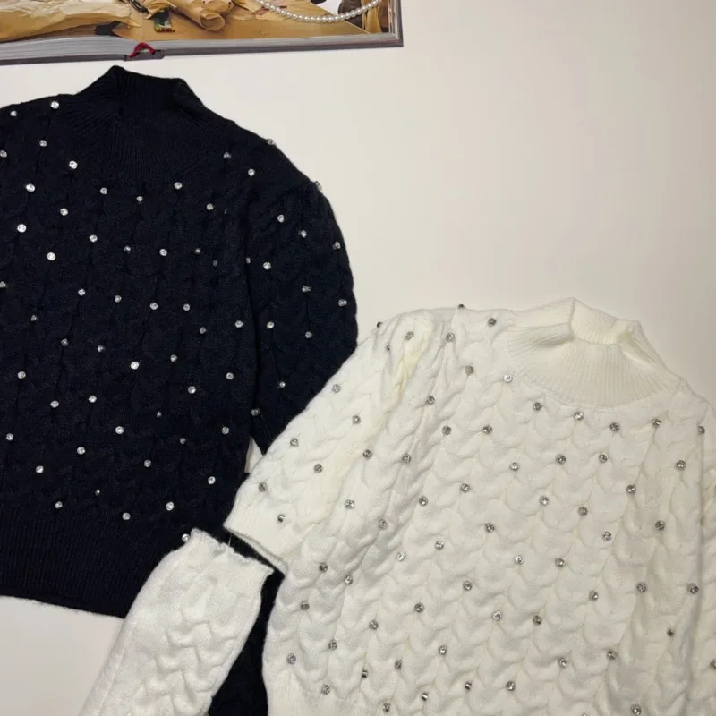 2024 Autumn Winter New Fashion Black Jumpers Diamond Studded By Hand Graceful And Fashionable Pullovers Sweater With Oversleeves