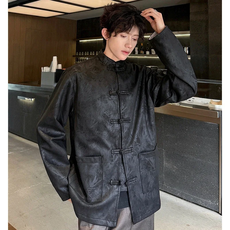 

Новое китайское мужское джато с бамбуковым принтом и воротником-стойкой с пуговицами, осенне-зимнее модное традиционное пальто ханьфу