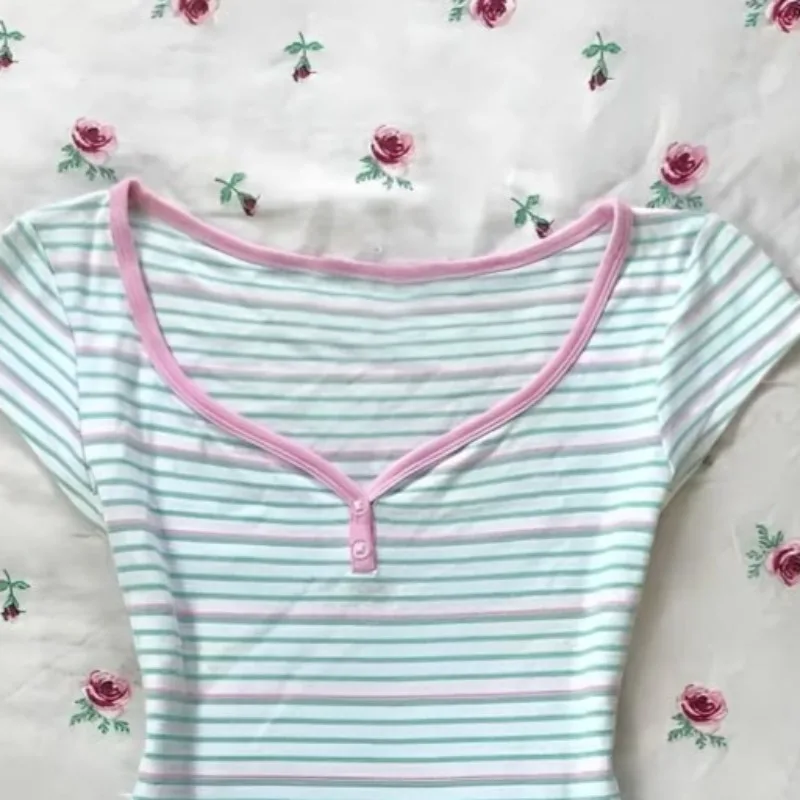 Y2k Stripes T Shirt For Women V Neck Versatile Color Blocking Vintage T-shirts Spring Summer Sexy Basics Ropa De Mujer