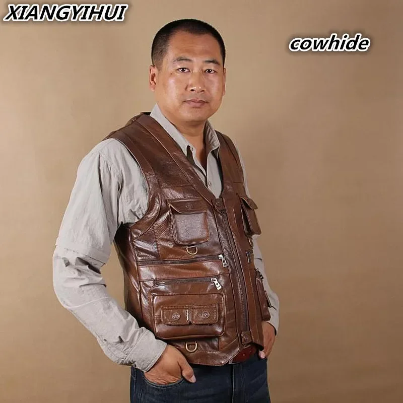 Brand Genuine Cow Leather Vest Mens Photography Vest With Many Pockets Brown Motorcycle Jacket Male Waistcoat biker clothing