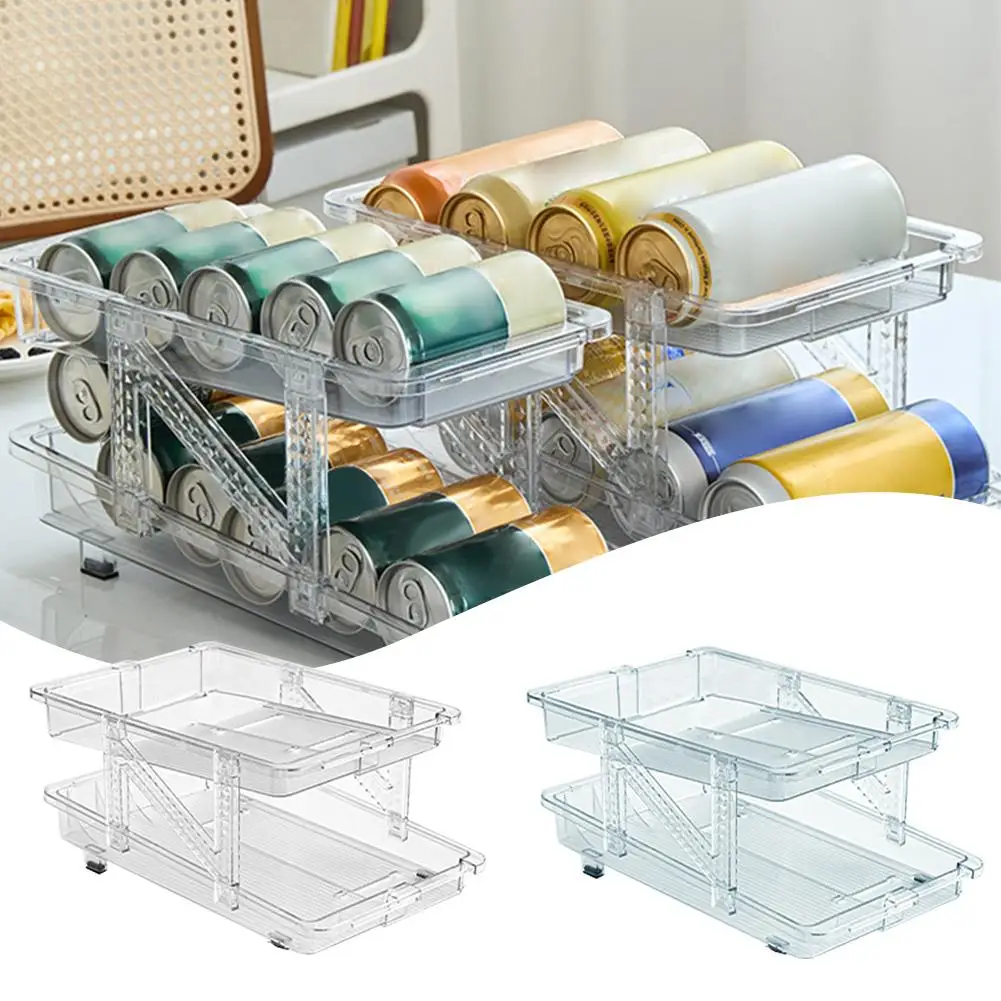 Beverage Storage Box Infinitely Retractable Automatic Filling Refrigerator Transparent Box Can Storage Coke Rack Double-lay P3V1