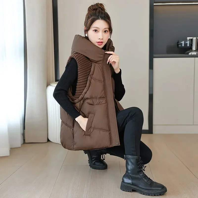 

Winter Parkas Down Cotton Vest Jacket Women 2026 New Fashion Hooded Sleevele Jacket Warm Waistcoat Ladies Loose Tops Tide W1112