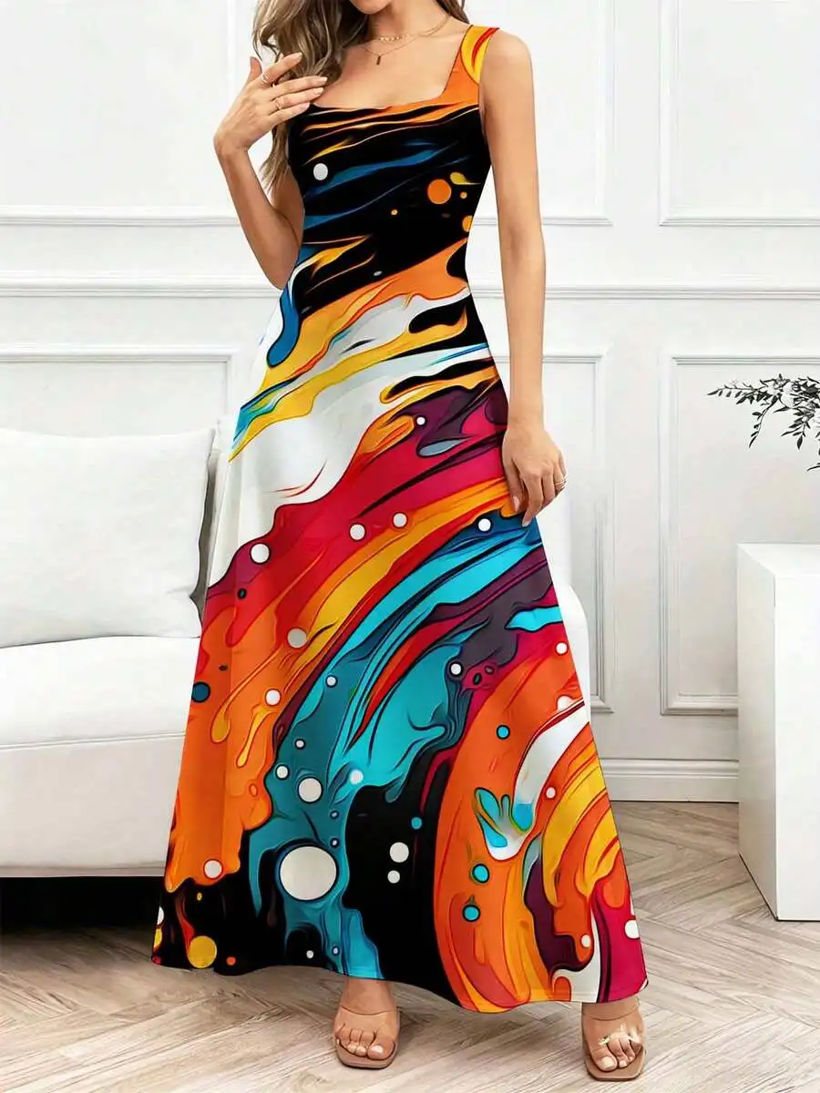 

Colorful Abstract Print Sleeveless Maxi Dress Square Neck Flowing Long Skirt Casual