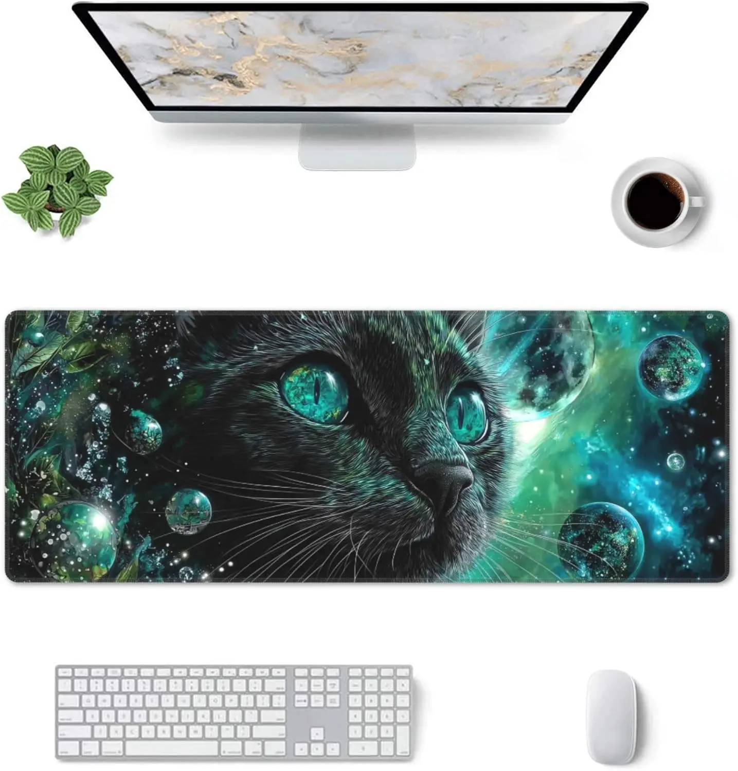 Cat & Moon Extended Gaming Mouse Pad – XL Large Desk Mat with Stitched Edges for Gamers and Home Office