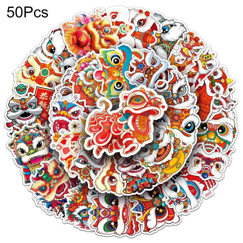 Bright Colorful Lion Dance Stickers Chinese Traditional Culture Trend 50pcs Lion Dance Stickers for Laptop Suitcase Skateboard